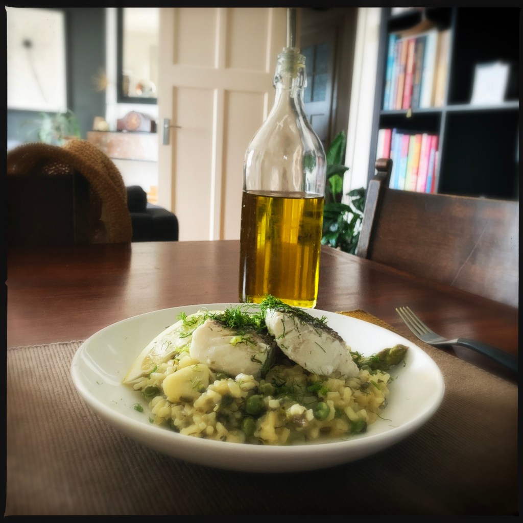 Pan-roasted cod loin with pea and asparagus risotto | simons-sauces